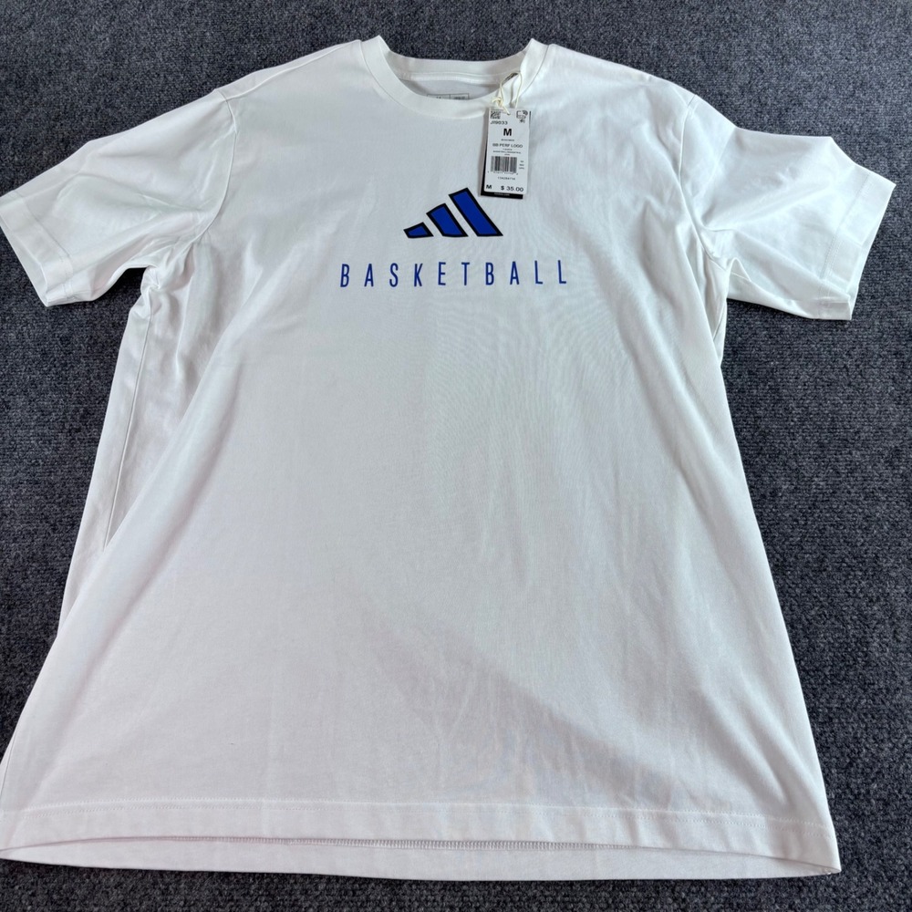 Adidas Basketball T-Shirt Mens Medium White Loose Fit Graphic‎ Logo NWT JI9033